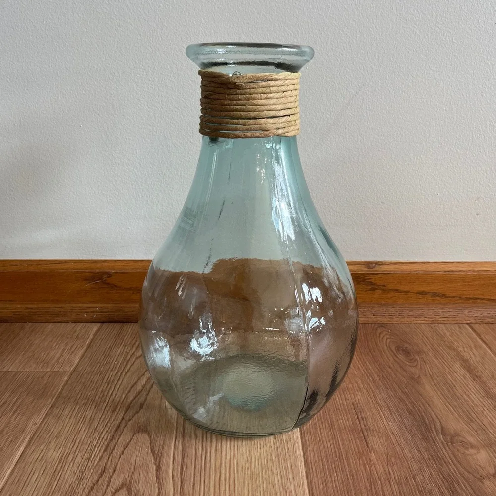 Clear Light Green Vase Jute Wrapped Neck Beach Decorative